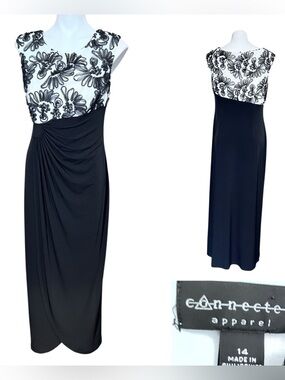 connected apparel maxi dress sz 14 Black/White Floral Embroidered cocktail
